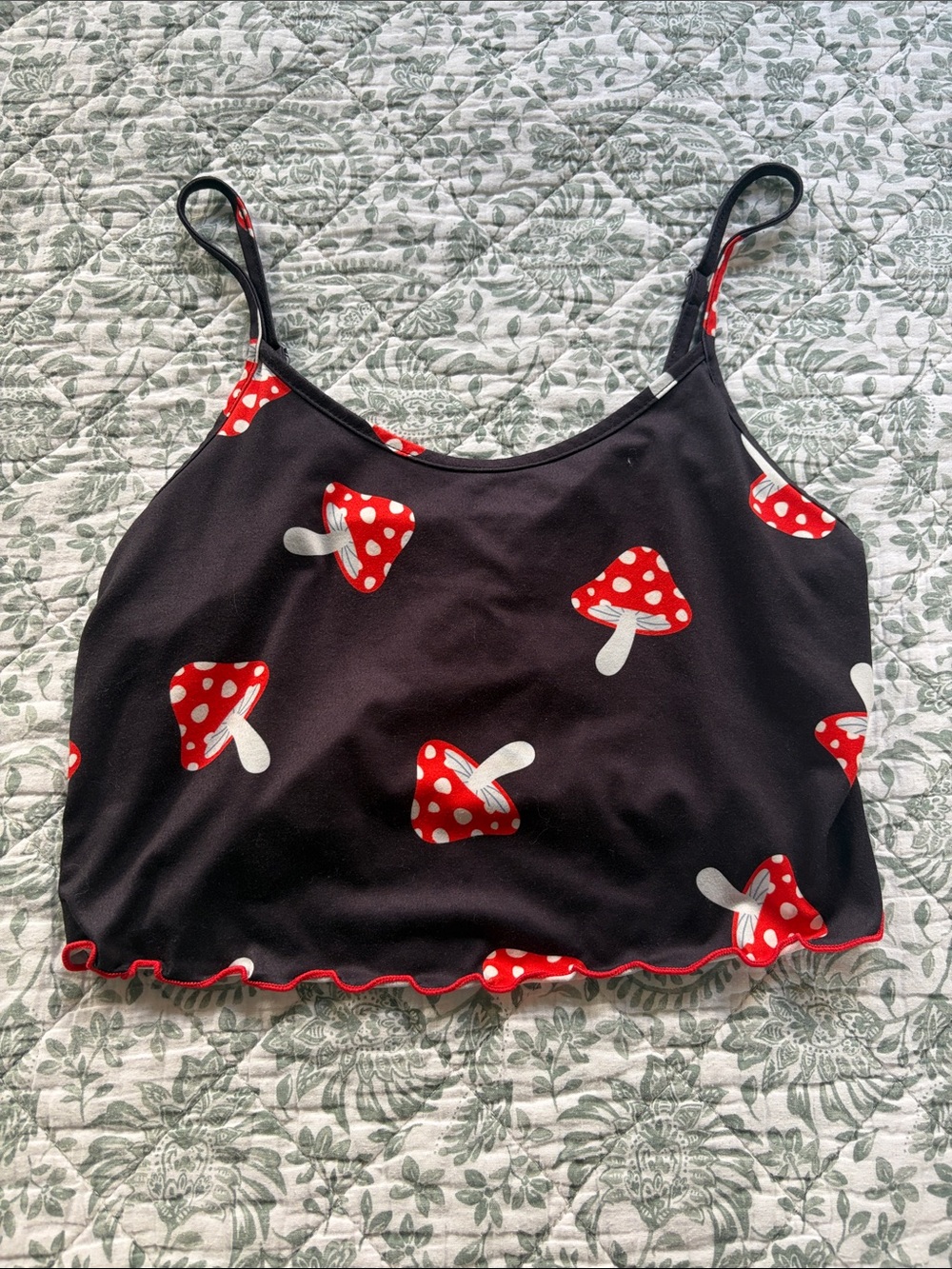 Vintage 90’s Black & Red Mushroom Print Cami Top - Women's Cute Crop Tank